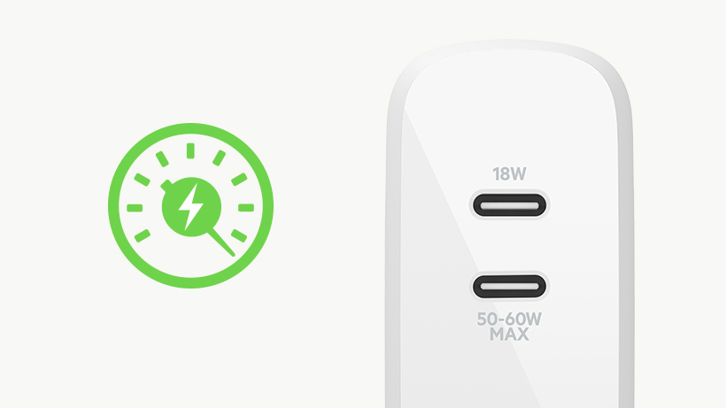 BOOST↑CHARGE Dual USB-C GaN Wall Charger 68W with a speedometer